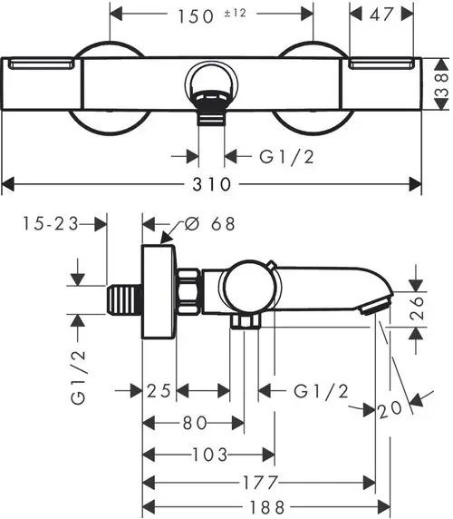 Hansgrohe Thermostat für die Wandmontage, technische Zeichnung mit Maßen und Anschlussdetails. Übersichtliche Darstellung der Komponenten und Installationsanforderungen.